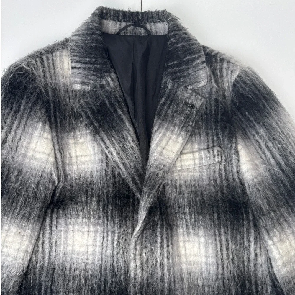 Saturdays NYC Mens Black White Plaid Wool Blend Shaggy Overcoat Jacket Size M